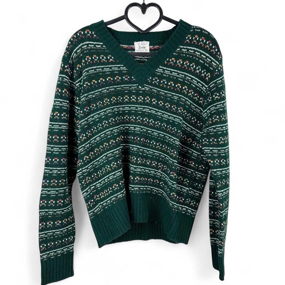 Sears V-Neck Sweater with Green and White Pattern